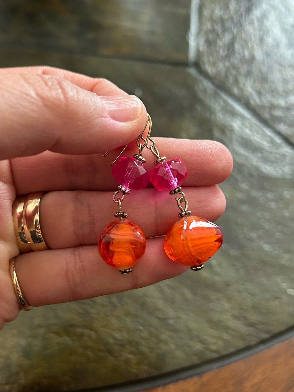 Vibrant Orange & Pink Glass Bead Drop Earrings